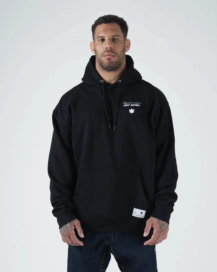 Kingz Leandro Lo Respect Hoodie - Front View - Chest Logo Worn by Male Model - Black - BJJ Lifestyle Hoodie [color:Black]