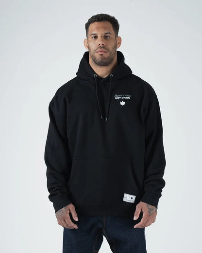 Kingz Leandro Lo Respect Hoodie - Front View - Chest Logo Worn by Male Model - Black - BJJ Lifestyle Hoodie [color:Black]