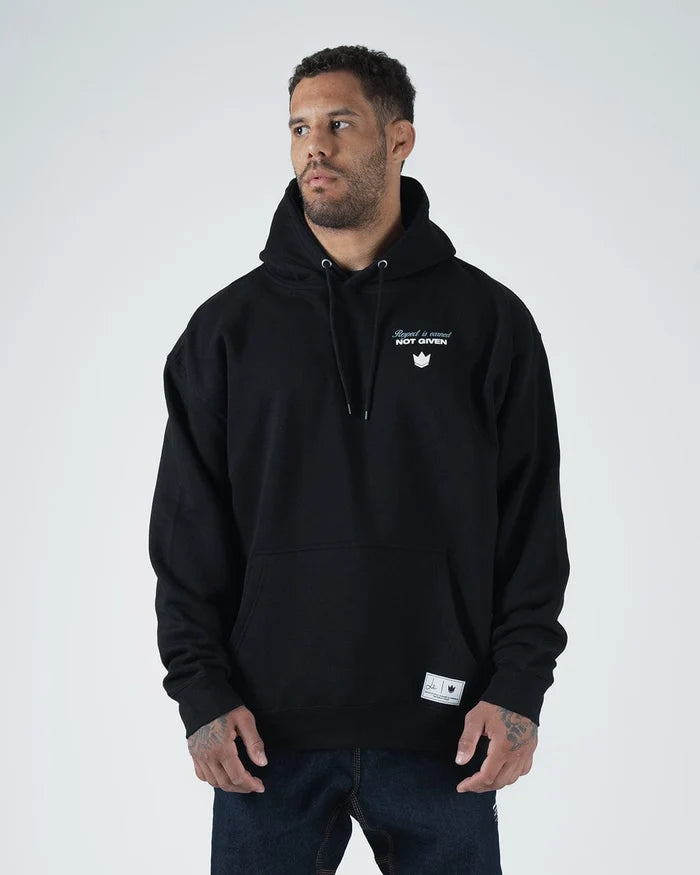 Kingz Leandro Lo Respect Hoodie - Front Angle View - Kangaroo Pocket Detail - Black - BJJ Lifestyle Hoodie [color:Black]
