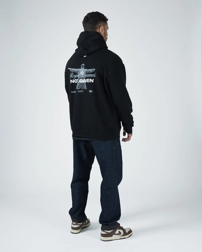 Kingz Leandro Lo Respect Hoodie - Hood Up Front View - Worn Fleece Hood - Black - BJJ Lifestyle Hoodie [color:Black]