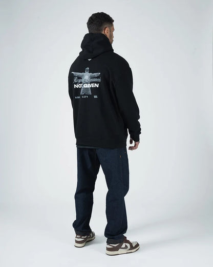 Kingz Leandro Lo Respect Hoodie - Hood Up Front View - Worn Fleece Hood - Black - BJJ Lifestyle Hoodie [color:Black]