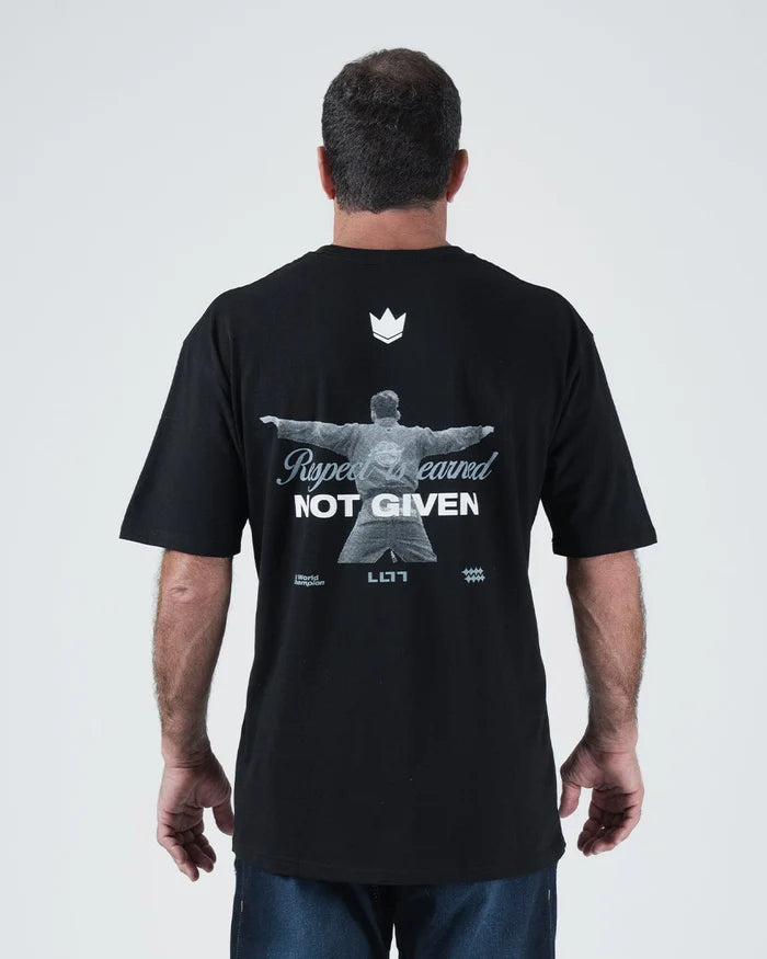Kingz Leandro Lo Respect Tee - Back Close-Up - LO Figure Not Given Graphic Detail - Black BJJ Tee [color:Black]