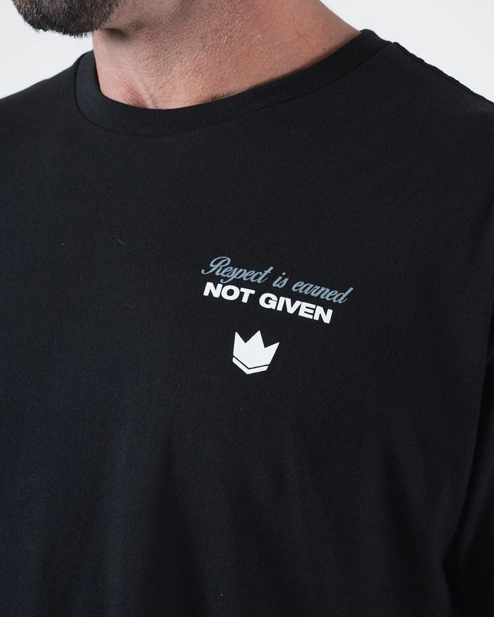 Kingz Leandro Lo Respect Tee - Chest Graphic Close-Up - Respect is Earned Not Given Crown - BJJ Tee [color:Black]