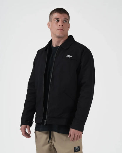 Kingz Mechanic Jacket Black - Front View Male Athlete Black Zip-Up Jacket Embroidered Kingz Logo Left Chest Classic Collar Casual Fit Outerwear BJJ Training [color:Black]
