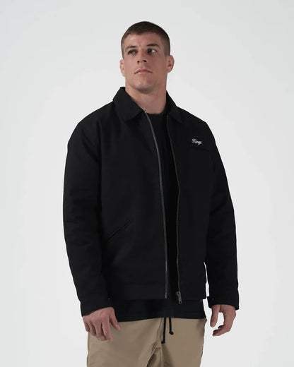 Kingz Mechanic Jacket Black - Front View Male Athlete Black Zip-Up Jacket Embroidered Kingz Logo Left Chest Classic Collar Full-Length Sleeves Casual Fit Outerwear BJJ Training [color:Black]