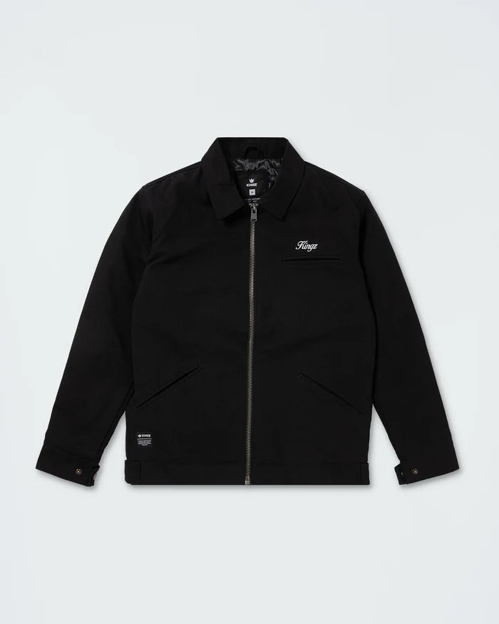 Kingz Mechanic Jacket Black - Flat Lay Product Only Front View Full Zip Black Jacket Embroidered Kingz Logo Left Chest Metal Zipper Front Pockets Adjustable Cuffs Outerwear BJJ Training [color:Black]