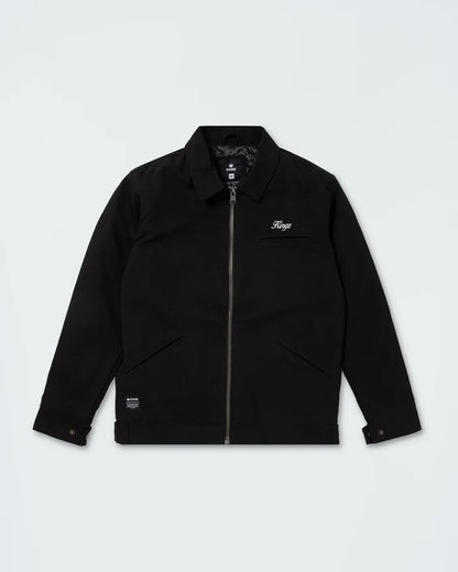 Kingz Mechanic Jacket Black - Flat Lay Product Only Front View Full Zip Black Jacket Embroidered Kingz Logo Left Chest Metal Zipper Front Pockets Adjustable Cuffs Outerwear BJJ Training [color:Black]