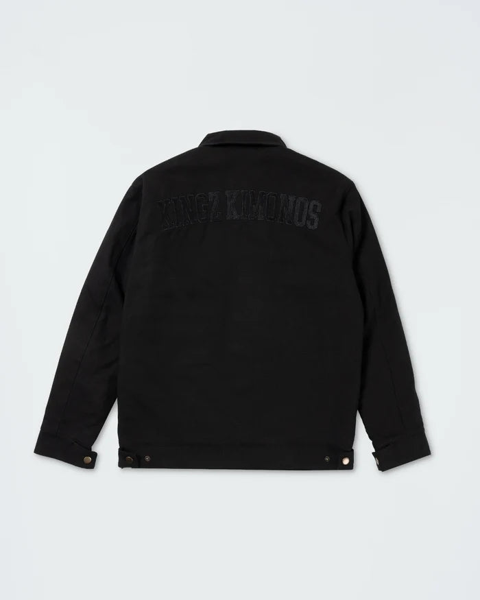 Kingz Mechanic Jacket Black - Back View Black KINGZ KIMONOS Text Upper Back Adjustable Buttoned Waistband Long Sleeves Durable Outerwear BJJ Training [color:Black]