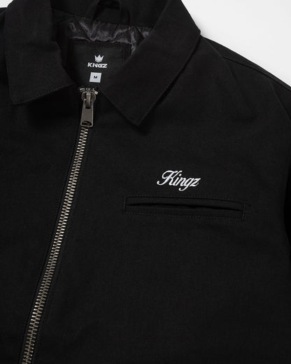 Kingz Mechanic Jacket Black - Close-Up Detail View Black Outerwear Metal Zipper Embroidered Kingz Logo Left Chest Crown Label Inside Collar Casual BJJ Training Apparel [color:Black]