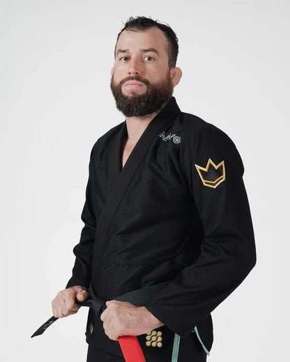 Kingz Nano 3.0 Terra LE BJJ Gi Black three-quarter view showing gold crown sleeve patch and belt