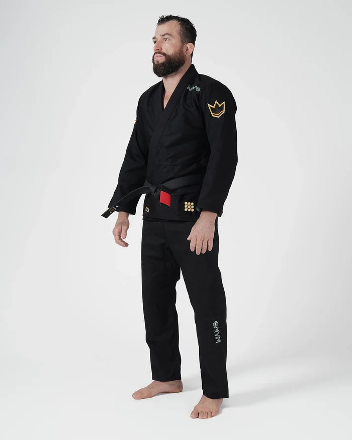 Kingz Nano 3.0 Terra LE BJJ Gi Black three-quarter full body angle showing gi fit and Nano leg logo