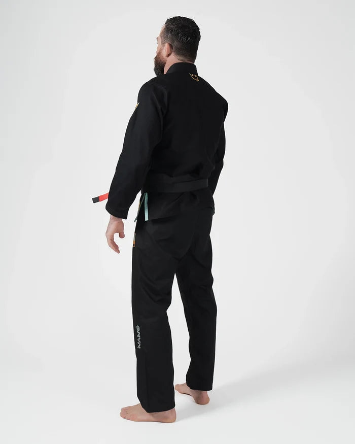 Kingz Nano 3.0 Terra LE BJJ Gi Black three-quarter back view showing gold crown accent and pant logo