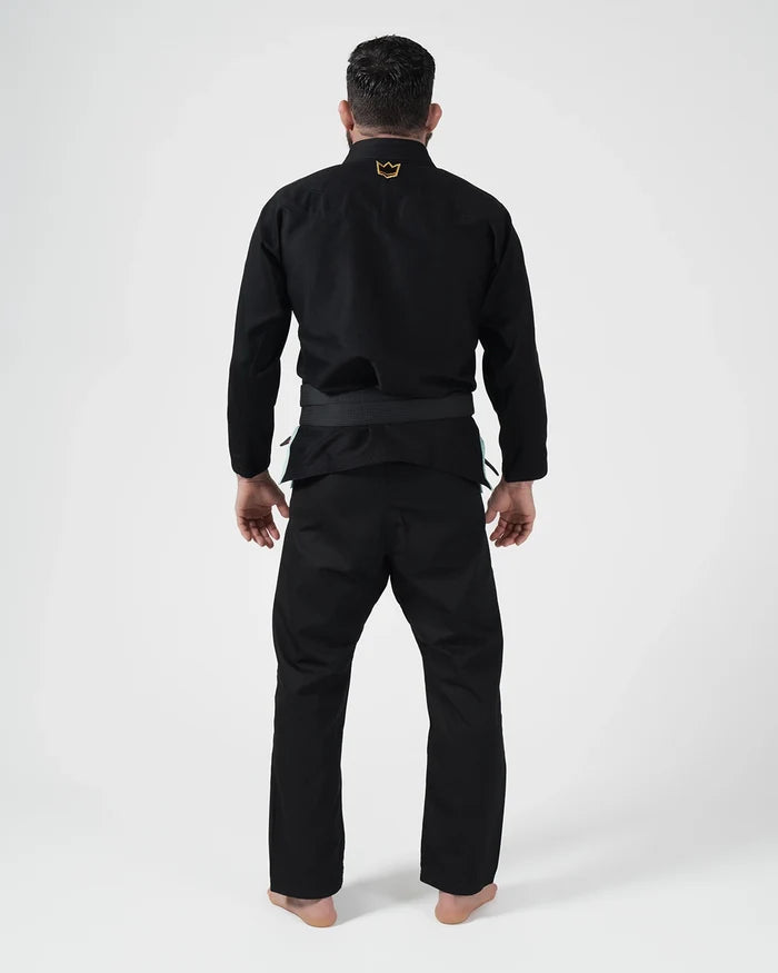 Kingz Nano 3.0 Terra LE BJJ Gi Black full body back view showing gold crown logo below collar