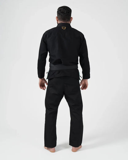 Kingz Nano 3.0 Terra LE BJJ Gi Black full body back view showing gold crown logo below collar