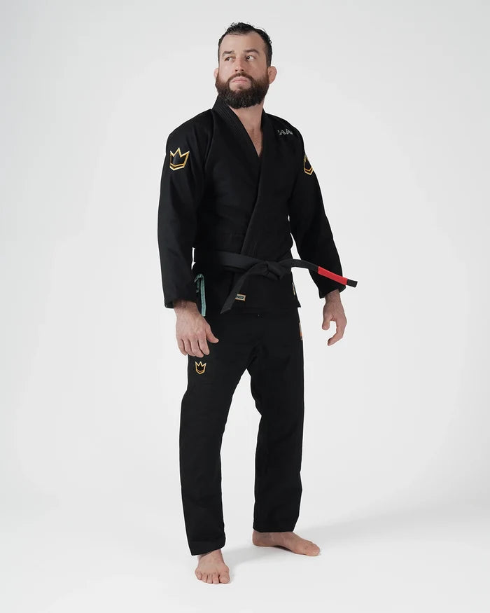 Kingz Nano 3.0 Terra LE BJJ Gi Black front standing view showing black belt and gold crown patches