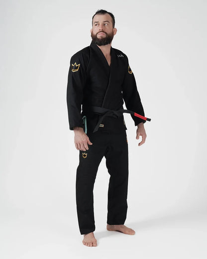 Kingz Nano 3.0 Terra LE BJJ Gi Black front standing view showing black belt and gold crown patches