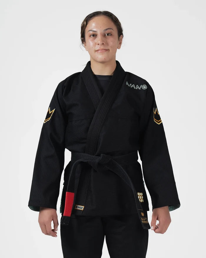 Kingz Nano 3.0 Terra Limited Edition Women's Jiu Jitsu Gi Black - Front View Female Athlete Black Gi Gold Crown Shoulder Patches Nano Text Chest Red Patch Belt BJJ Gi Training [color:Black]