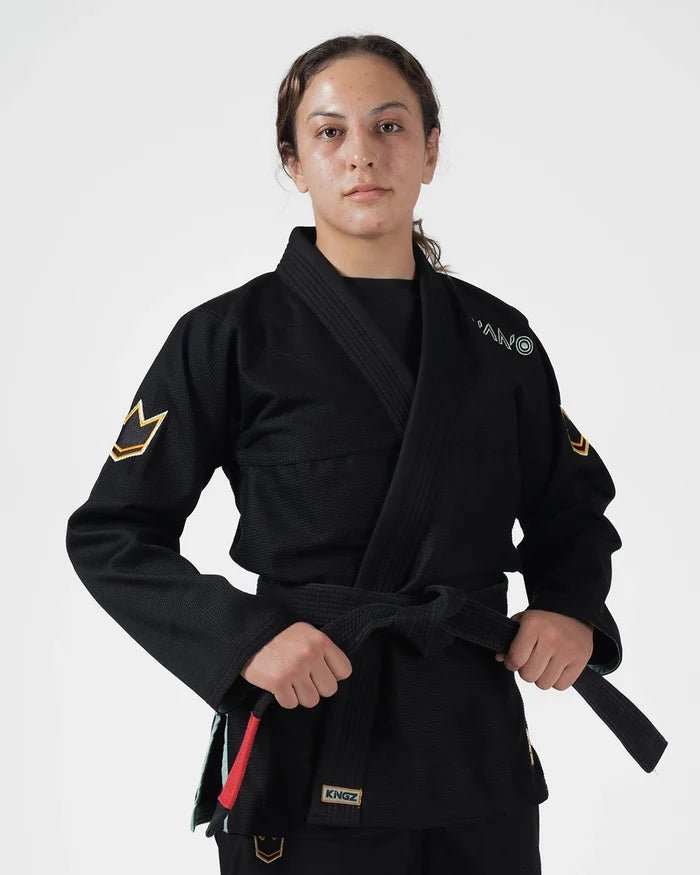 Kingz Nano 3.0 Terra Limited Edition Women's Jiu Jitsu Gi Black - Front View Female Athlete Black Gi Embroidered Crown Patches Sleeve KINGZ Logo Waist Durable Weave BJJ Gi Training Apparel [color:Black]