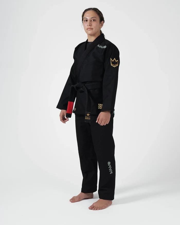 Kingz Nano 3.0 Terra Limited Edition Women's Jiu Jitsu Gi Black - Full Body Front View Female Athlete Black Gi Gold Crown Shoulder Patch Green Nano Text Chest Black Belt BJJ Gi Training [color:Black]
