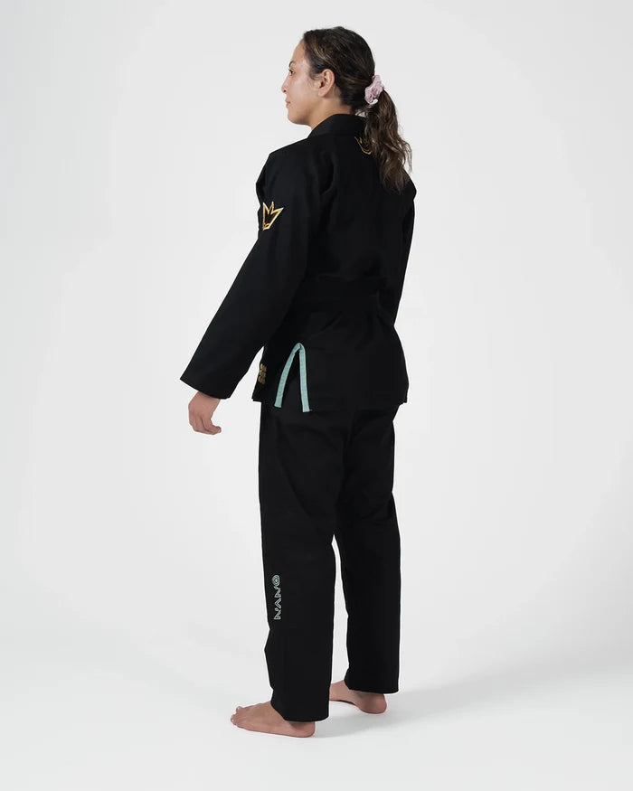 Kingz Nano 3.0 Terra Limited Edition Women's Jiu Jitsu Gi Black - Back View Female Athlete Gold Crown Shoulder Patch Mint Side Ties Nano Text Leg Embroidery Premium BJJ Gi Training Apparel [color:Black]