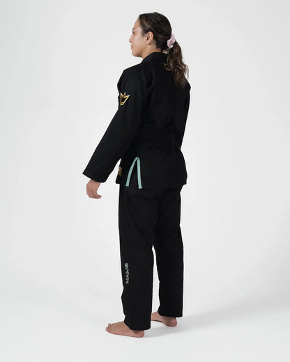 Kingz Nano 3.0 Terra Limited Edition Women's Jiu Jitsu Gi Black - Back View Female Athlete Gold Crown Shoulder Patch Mint Side Ties Nano Text Leg Embroidery Premium BJJ Gi Training Apparel [color:Black]