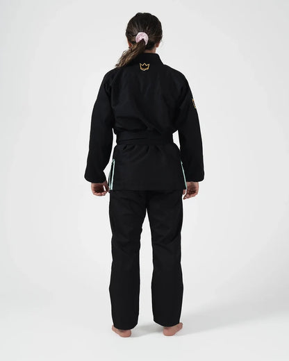 Kingz Nano 3.0 Terra Limited Edition Women's Jiu Jitsu Gi Black - Back View Female Athlete Gold Crown Logo Collar Mint Side Trim Black Belt Premium BJJ Gi Training Apparel [color:Black]