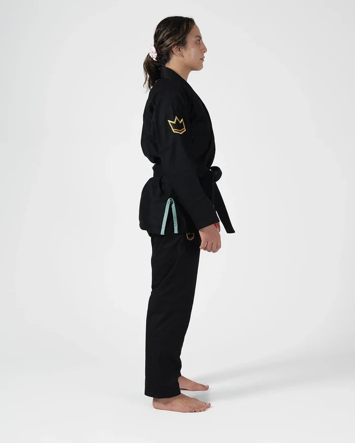 Kingz Nano 3.0 Terra Limited Edition Women's Jiu Jitsu Gi Black - Side View Female Athlete Gold Crown Sleeve Patch Black Belt Teal Drawstring Contrast Stitching BJJ Gi Training Apparel [color:Black]