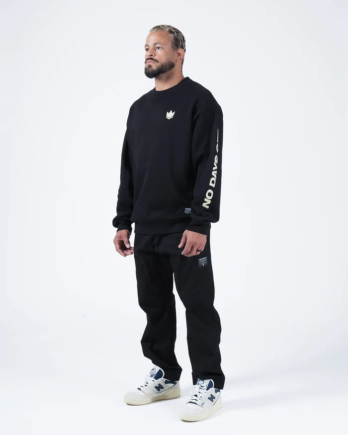 Kingz No Days Off Crewneck - Full Body Worn View - Crown Logo and Sleeve Print - Black - BJJ Streetwear Crewneck