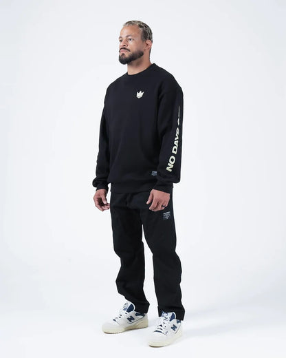 Kingz No Days Off Crewneck - Full Body Worn View - Crown Logo and Sleeve Print - Black - BJJ Streetwear Crewneck