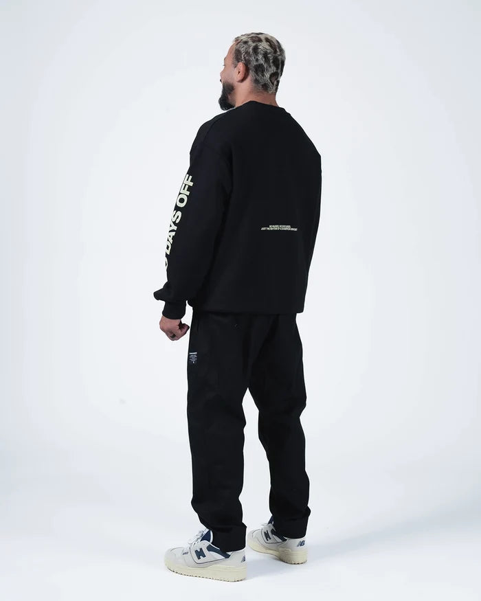 Kingz No Days Off Crewneck - Rear Worn View - Back Text Print and Sleeve Graphic - Black - BJJ Streetwear Crewneck