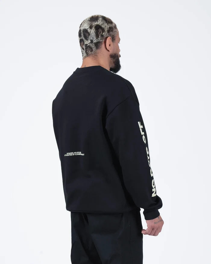 Kingz No Days Off Crewneck - Rear Angle View - Sleeve Print and Back Detail - Black - BJJ Streetwear Crewneck