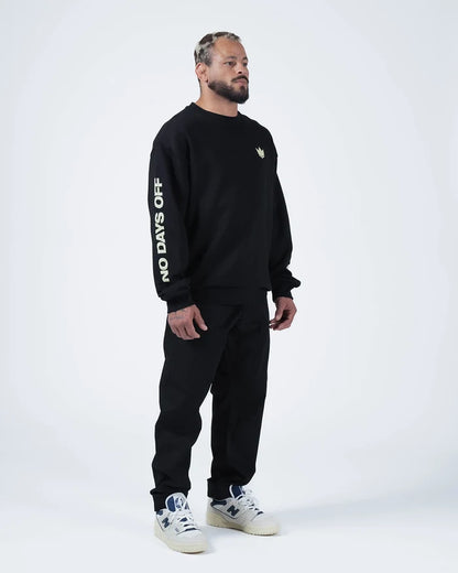 Kingz No Days Off Crewneck - Lifestyle Front View - Crown Chest Logo and Sleeve Print - Black - BJJ Streetwear Crewneck