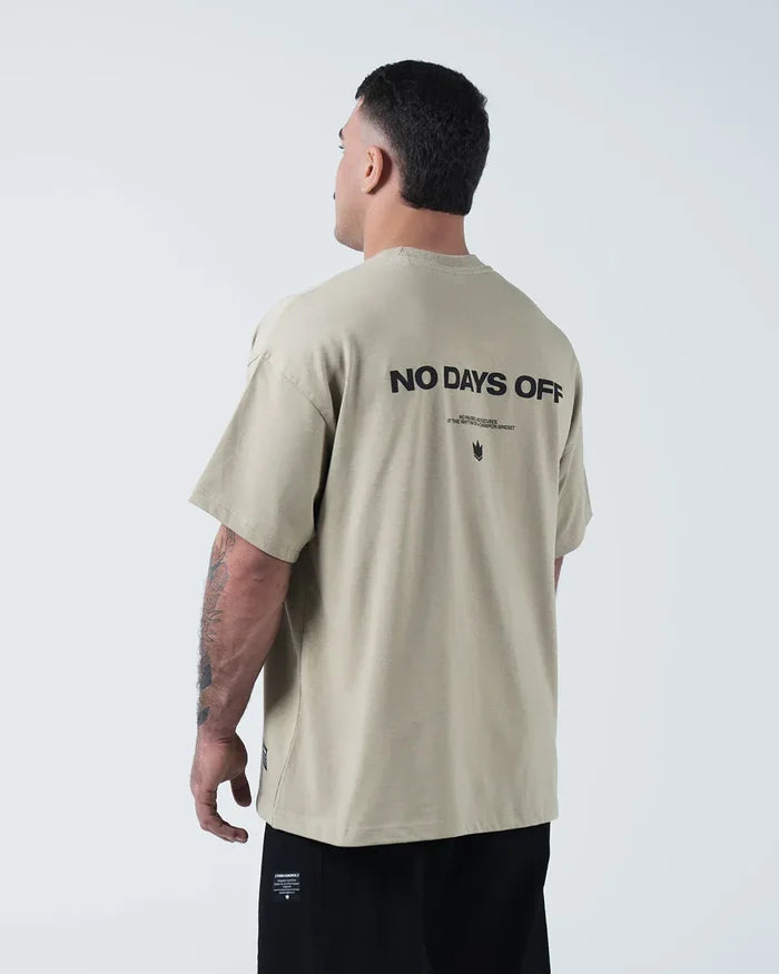 Kingz No Days Off Tee - Back Three Quarter View - No Days Off Back Print Worn - Latte BJJ Heavyweight Tee