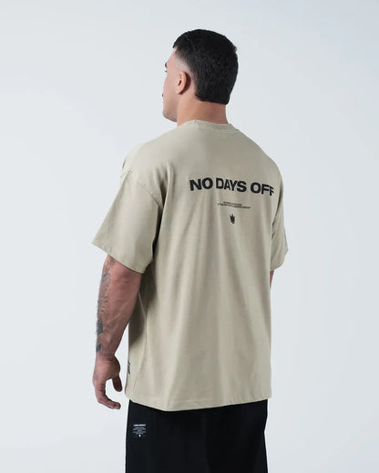 Kingz No Days Off Tee - Back Three Quarter View - No Days Off Back Print Worn - Latte BJJ Heavyweight Tee