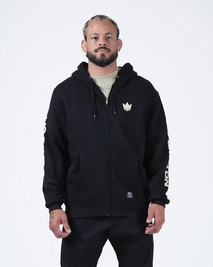 Kingz No Days Off Zip Up Hoodie - Front Worn View - White Crown Chest Logo and Sleeve Print - Black - BJJ Streetwear Hoodie [color:Black]