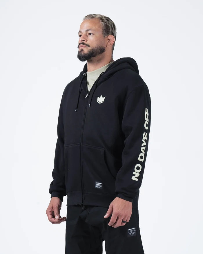 Kingz No Days Off Zip Up Hoodie - Side Worn View - Full No Days Off Sleeve Print - Black - BJJ Streetwear Hoodie [color:Black]