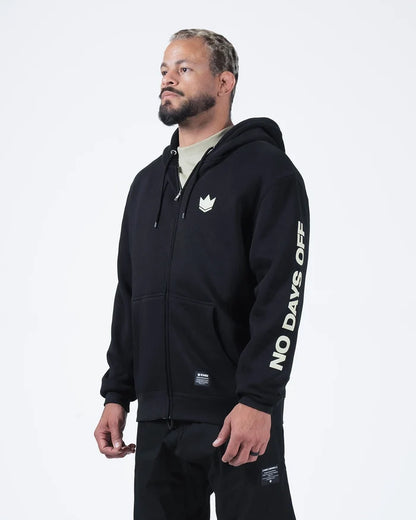 Kingz No Days Off Zip Up Hoodie - Side Worn View - Full No Days Off Sleeve Print - Black - BJJ Streetwear Hoodie [color:Black]