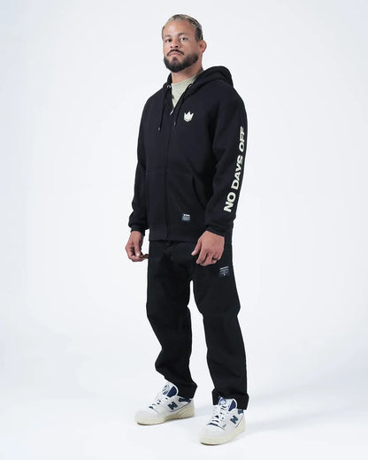 Kingz No Days Off Zip Up Hoodie - Full Body Side View - Sleeve Print and Matching Set - Black - BJJ Streetwear Hoodie [color:Black]