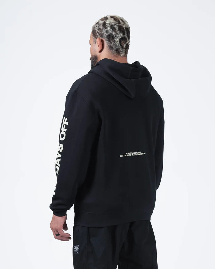Kingz No Days Off Zip Up Hoodie - Rear Three Quarter View - Sleeve Print and Back Text - Black - BJJ Streetwear Hoodie [color:Black]
