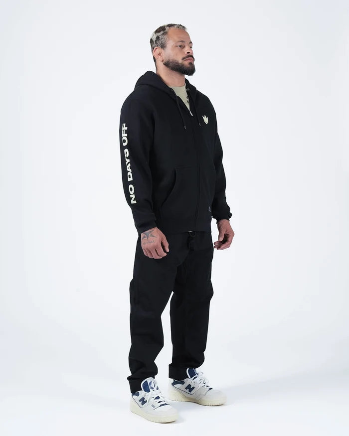 Kingz No Days Off Zip Up Hoodie - Full Body Lifestyle Shot - Complete Tracksuit Look - Black - BJJ Streetwear Hoodie [color:Black]