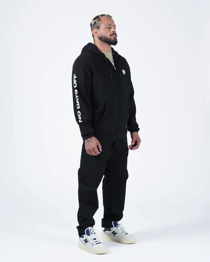 Kingz No Days Off Zip Up Hoodie - Full Body Lifestyle Shot - Complete Tracksuit Look - Black - BJJ Streetwear Hoodie [color:Black]