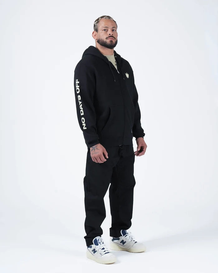 Kingz No Days Off Zip Up Hoodie - Full Body Front Standing - Chest Logo and Sleeve Print - Black - BJJ Streetwear Hoodie [color:Black]