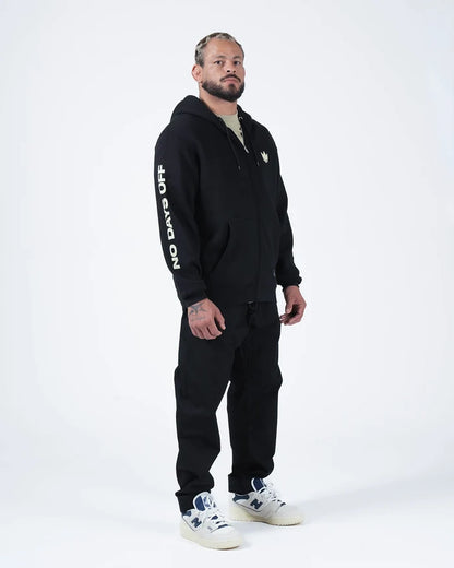 Kingz No Days Off Zip Up Hoodie - Full Body Front Standing - Chest Logo and Sleeve Print - Black - BJJ Streetwear Hoodie [color:Black]