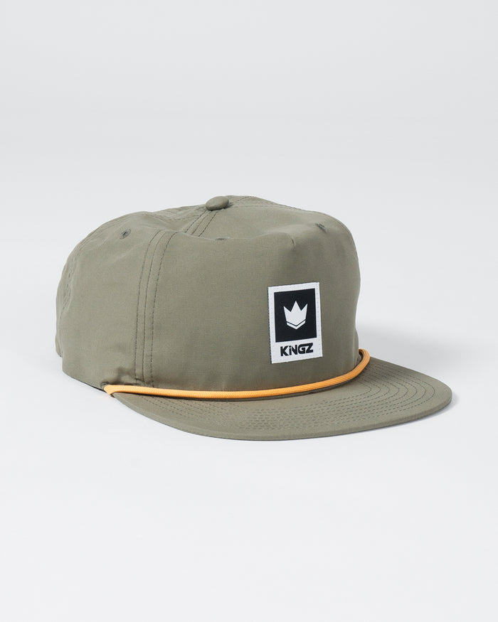 Kingz Original V2 Snapback - Green - Angled Front View Olive Green Hat Yellow Accent Trim Black Crown Logo Patch Front Panel BJJ Casual Apparel [color:Green]