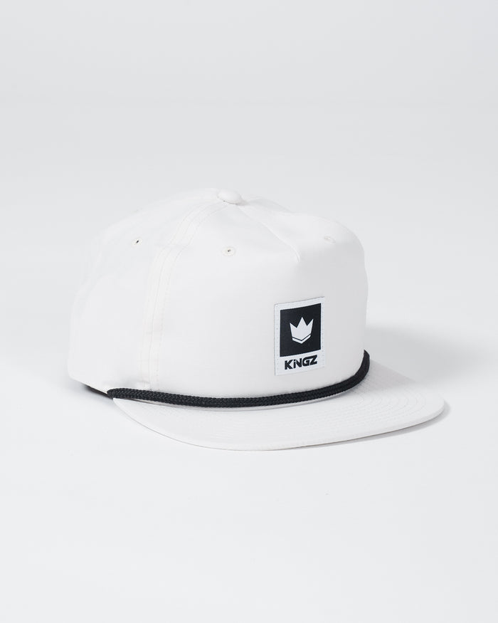 Kingz Original V2 Snapback - Natural - Angled View White Hat Black Trim Kingz Crown Logo Front Panel Flat Brim Casual Streetwear BJJ Training Hat [color:Black/White]