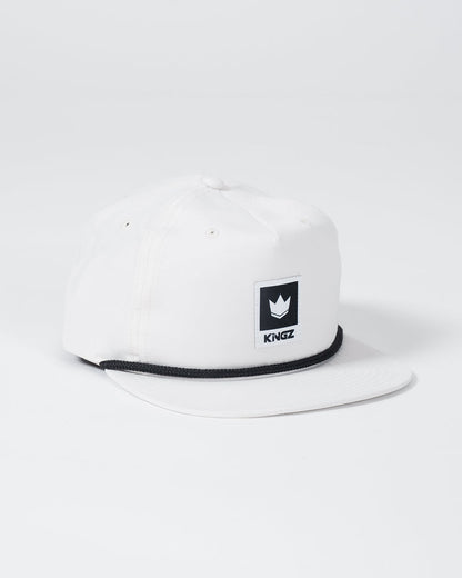 Kingz Original V2 Snapback - Natural - Angled View White Hat Black Trim Kingz Crown Logo Front Panel Flat Brim Casual Streetwear BJJ Training Hat [color:Black/White]