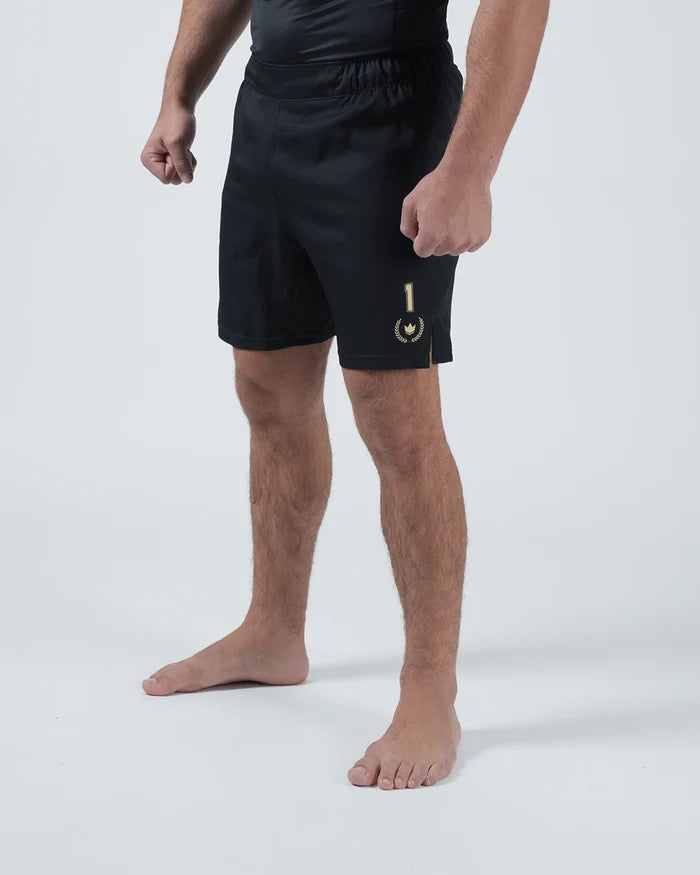 Kingz Player Special Limited Edition Shorts Black Gold - Full Body Right Side Profile Male Athlete All-Black Gold Crown Badge Number Badge Right Thigh Competition Cut Men's Grappling Shorts No-Gi BJJ Limited Edition [color:Black]