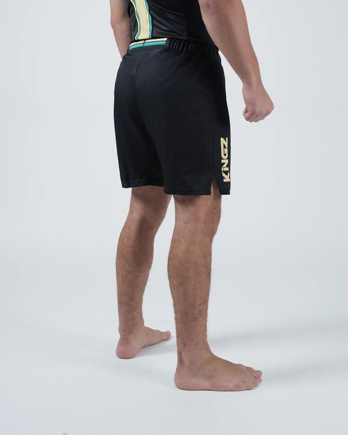 Kingz Player Special Limited Edition Shorts Black Gold - Full Body Right-Back Side Profile Alternate Stance Male Athlete All-Black Gold Crown Badge Right Thigh Competition Cut Men's Grappling Shorts No-Gi BJJ [color:Black]