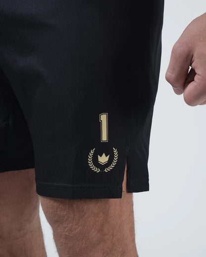 Kingz Player Special Limited Edition Shorts Black Gold - Close Up Badge Detail Gold Crown Laurel Wreath Badge Player Number 1 Badge Right Thigh Black Base Gold-on-Black Premium Embroidered Style Men's Grappling Shorts No-Gi BJJ [color:Black]