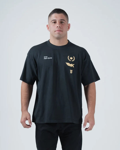 Kingz Player Special Tee - Front View - Gold Lotus Crown and Script Chest Graphics Tainan Dalpra - Black BJJ Tee [color:Black]
